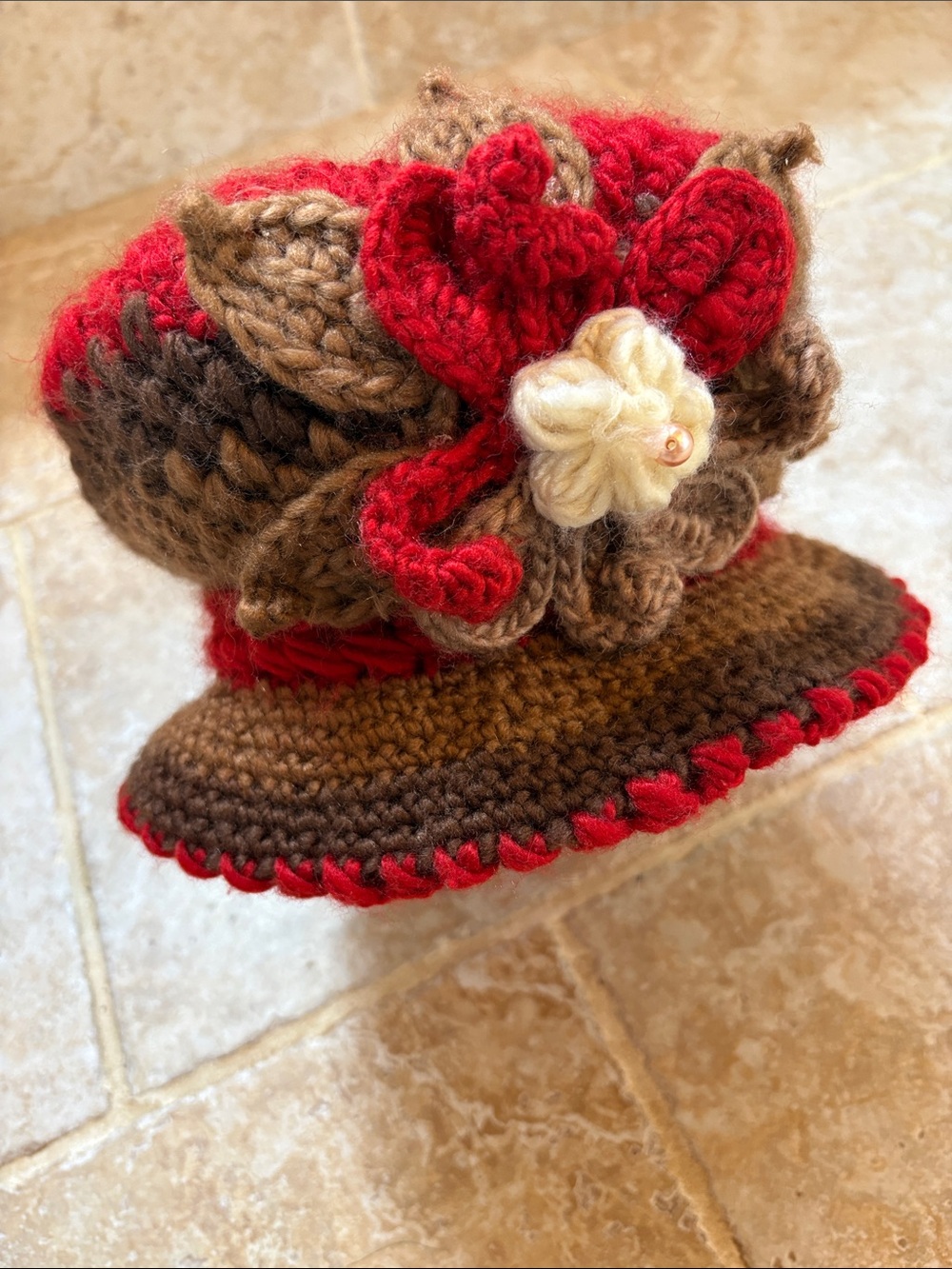 Crocheted Flower Accent Hat in Brown & Red